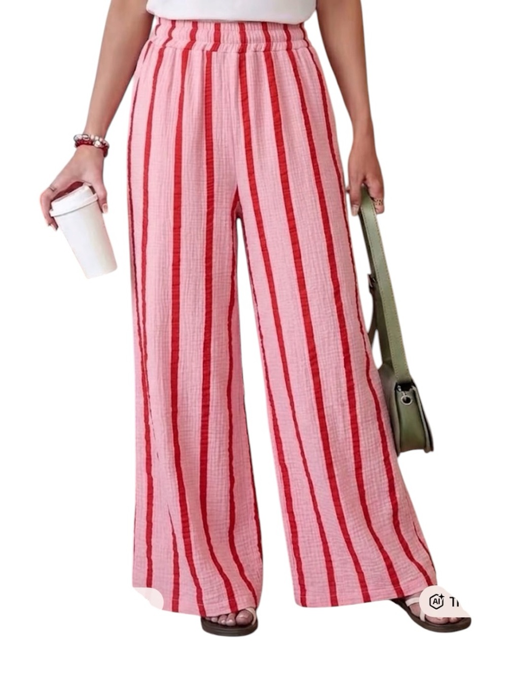Wide-Leg Pink & Red Stripe Pants - Casual High-Waist
